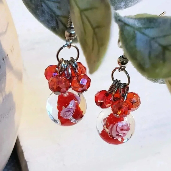 Handcrafted Red Murano Glass Flower Czech Crystal Beads Cluster Earrings - Picture 4 of 6